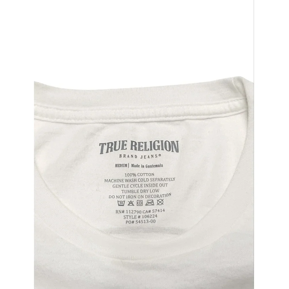 True Religion Men's Cotton T-shirt Sz M White Black Happy Buddha Logo Horseshoe